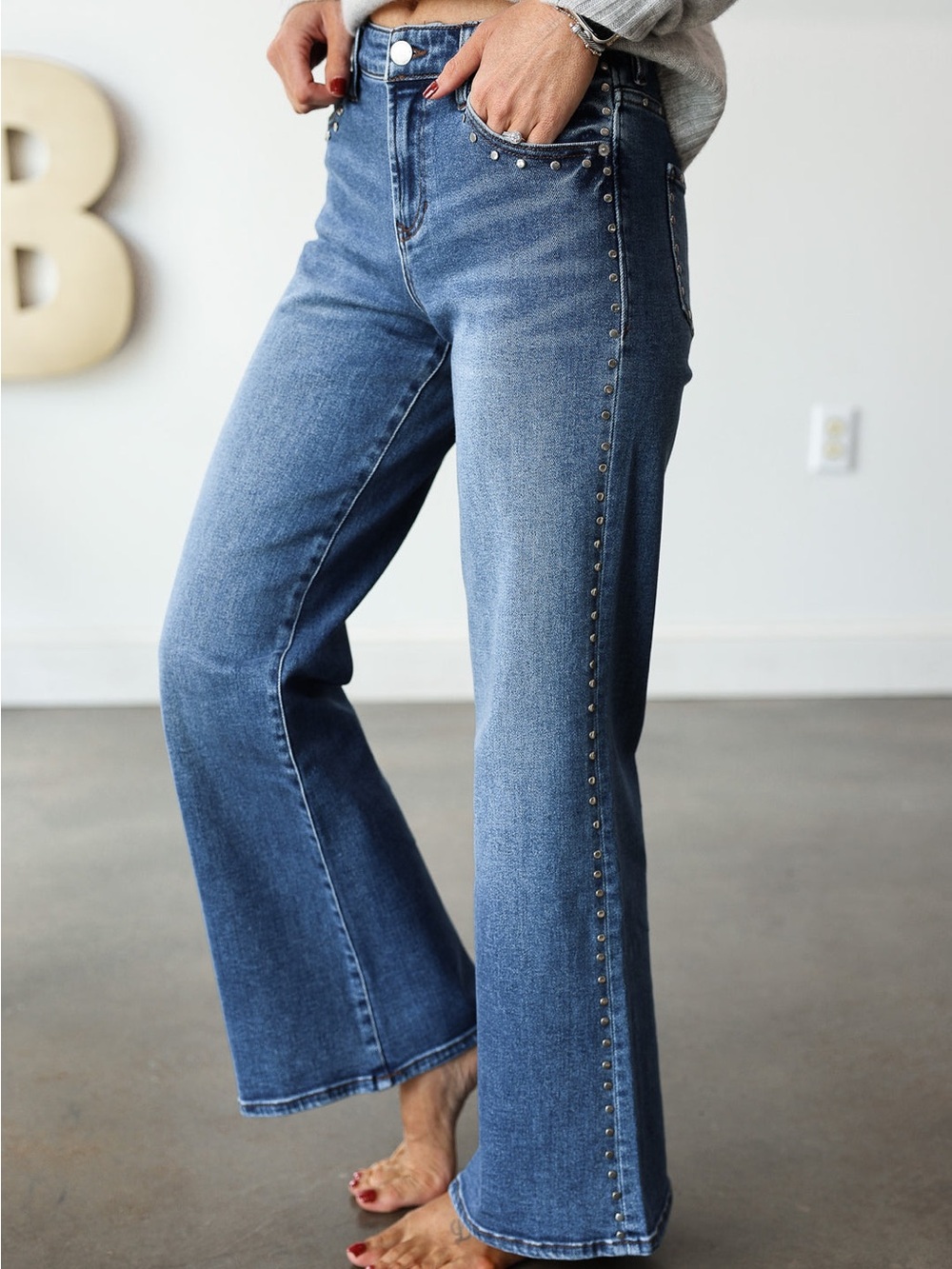 Dear John Blue Stud-Trim Wide Leg Jeans